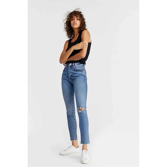 Free People We The Free Stella Hi Rise Slim Straight Jean blue Distressed - Picture 1 of 13